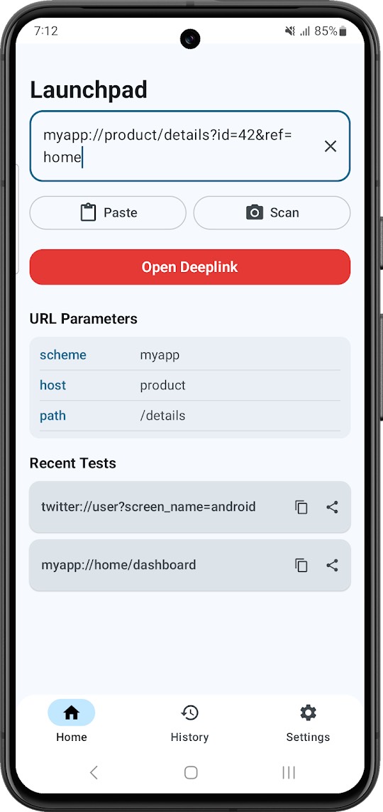 Deeplink Tester launchpad with a deeplink entered and its URL parameters parsed