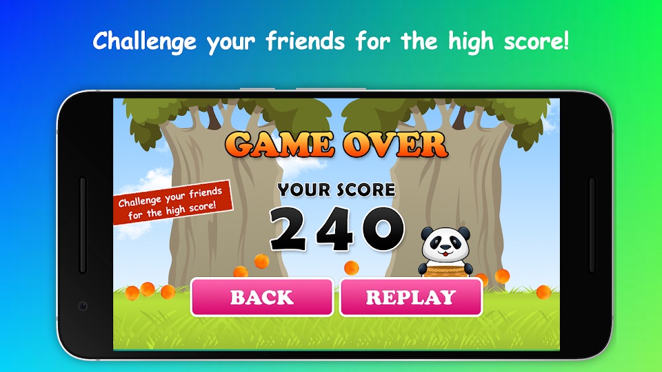 Panda Catch Oranges game over screen showing the final score