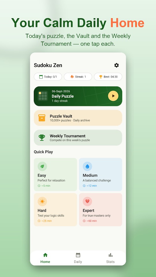 Sudoku Zen home screen with today's puzzle, the vault and quick play levels