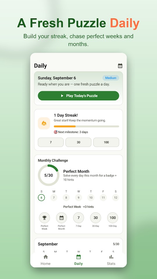 Sudoku Zen daily screen showing streaks and the monthly challenge
