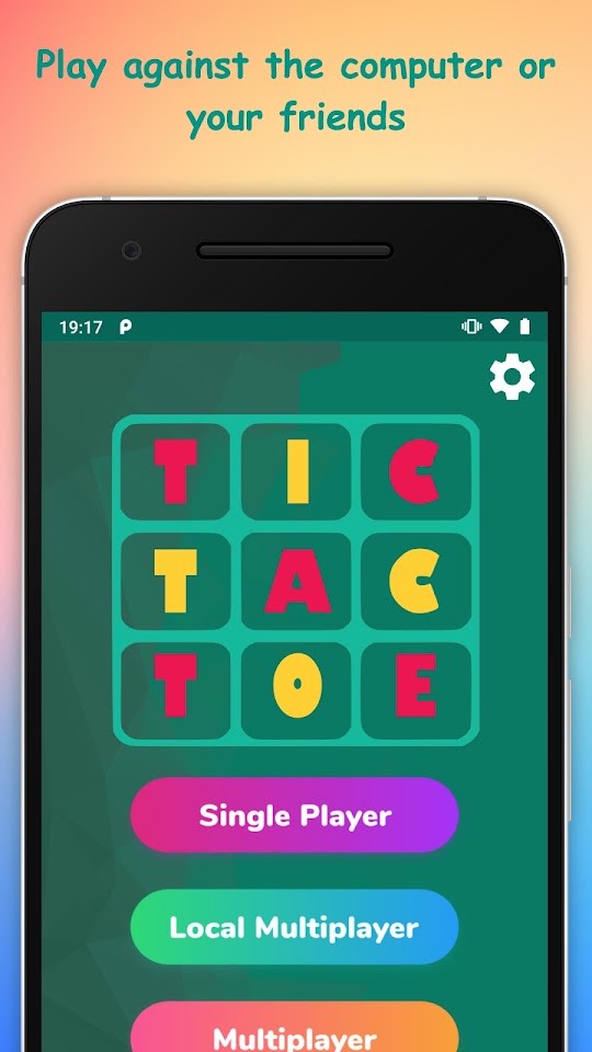 Tic Tac Toe main menu with single player, local multiplayer and online multiplayer